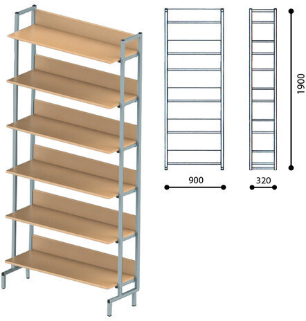 Стеллаж на металлокаркасе односторонний 1900х900х320 мм, серый каркас, 6 полок ЛДСП бук