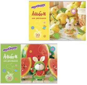 Альбом для рисования, А4, 20 листов, скоба, обложка картон, с раскраской, ЮНЛАНДИЯ, 202х285 мм, "Вязаный заяц" (2 вида), 105050