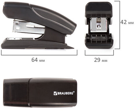 Степлер №24/6, 26/6 МИНИ BRAUBERG "Black Jack", до 18 листов, антистеплер, черный, 227762