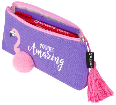 Пенал-косметичка BRAUBERG, канвас с объемной аппликацией, "Flamingo", 20х3х9 см, 229001