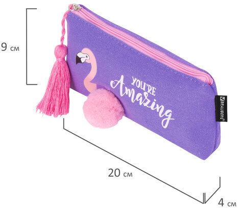 Пенал-косметичка BRAUBERG, канвас с объемной аппликацией, "Flamingo", 20х3х9 см, 229001