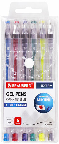 Ручки гелевые БЛЕСТКИ BRAUBERG "EXTRA", НАБОР 6 ЦВЕТОВ, узел 0,7 мм, линия 0,5 мм, 143908