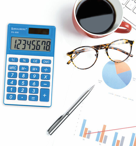 Калькулятор карманный BRAUBERG PK-608-BU (107x64 мм), 8 разрядов, двойное питание, СИНИЙ, 250519