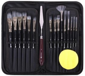 Кисти художественные набор 15 шт. + мастихин, в пенале, черные, синтетика, BRAUBERG ART DEBUT, 201043