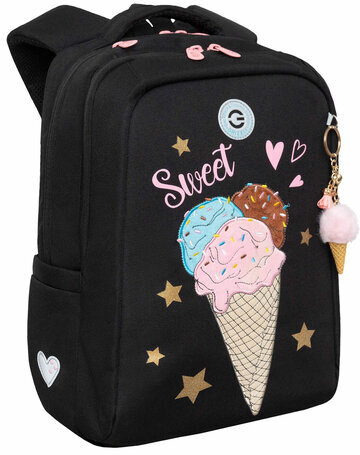 Рюкзак GRIZZLY школьный, анатомическая спинка, 2 отделения, для девочек, SWEET, черный, 39х26х17 см, RG-466-3/4