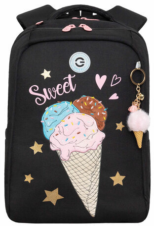 Рюкзак GRIZZLY школьный, анатомическая спинка, 2 отделения, для девочек, SWEET, черный, 39х26х17 см, RG-466-3/4