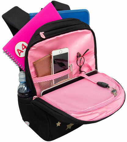 Рюкзак GRIZZLY школьный, анатомическая спинка, 2 отделения, для девочек, SWEET, черный, 39х26х17 см, RG-466-3/4