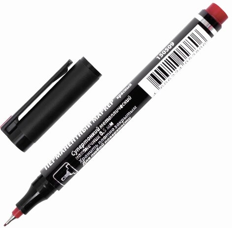 Маркер перманентный (нестираемый) BRAUBERG "Jet", КРАСНЫЙ, супертонкий металлический наконечник, 0,5 мм, 150509