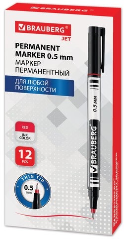 Маркер перманентный (нестираемый) BRAUBERG "Jet", КРАСНЫЙ, супертонкий металлический наконечник, 0,5 мм, 150509
