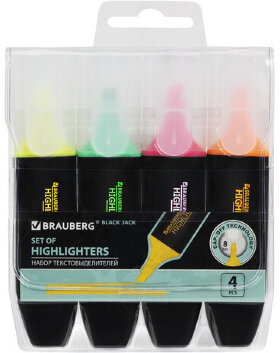 Набор текстовыделителей BRAUBERG 4 шт., АССОРТИ, &quot;BLACK JACK&quot;, линия 1-5 мм, 151893