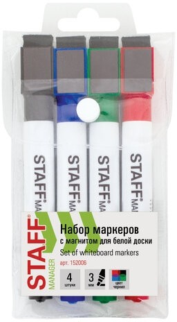 Маркеры для белой доски на магните со стирателем, НАБОР 4 цвета, STAFF "Manager" WBM-002, 3 мм, 152006