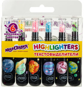 Набор текстовыделителей 6 НЕОНОВЫХ ЦВЕТОВ, ЮНЛАНДИЯ &quot;КОСМОС&quot;, линия 1-5 мм, 152512