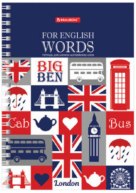 Тетрадь-словарь для записи английских слов А5 48 л., гребень, клетка, BRAUBERG, справка, 403564