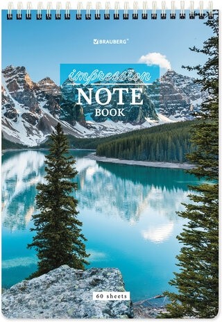 Блокнот А5 (146х206 мм), 60 л., гребень, картон, жесткая подложка, клетка, BRAUBERG, "Горные пейзажи", 114367