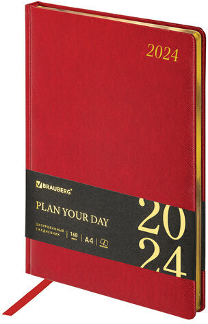 Ежедневник датированный 2024 БОЛЬШОЙ ФОРМАТ 210х297 мм А4, BRAUBERG "Iguana", под кожу, красный, 114778