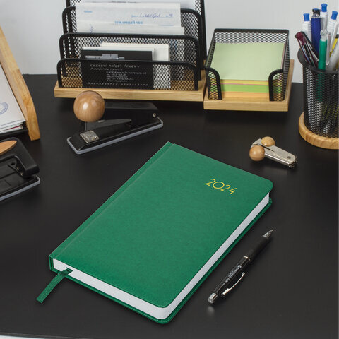 Ежедневник датированный 2024 А5 138x213 мм BRAUBERG "Select", балакрон, зеленый, 114878