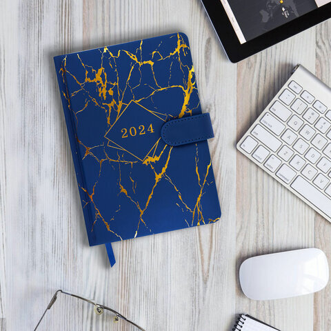 Ежедневник датированный 2024 А5 138x213 мм BRAUBERG "Goldy", под кожу, цветной срез, синий, 114978