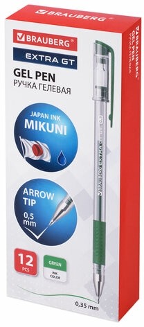 Ручка гелевая с грипом BRAUBERG "EXTRA GT", ЗЕЛЕНАЯ, стандартный узел 0,5 мм, линия 0,35 мм, 143922