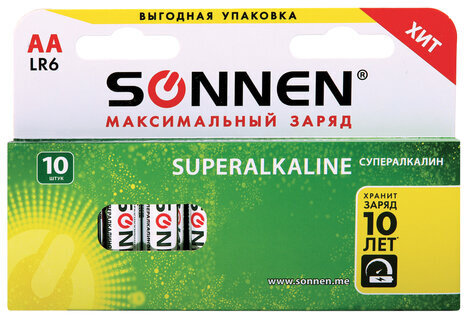 Батарейки КОМПЛЕКТ 10 шт., SONNEN Super Alkaline, АА (LR06,15А), алкалиновые, пальчиковые, в коробке, 454231