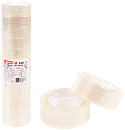 Клейкие ленты 19 мм х 33 м канцелярские BRAUBERG, комплект 12 шт., прозрачные, 223125