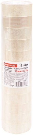 Клейкие ленты 19 мм х 33 м канцелярские BRAUBERG, комплект 12 шт., прозрачные, 223125