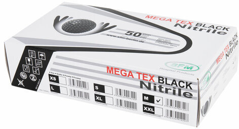 Перчатки нитриловые сверхпрочные с текстурой SFM MEGA TEX BLACK 25 пар (50 штук), размер M (средний)