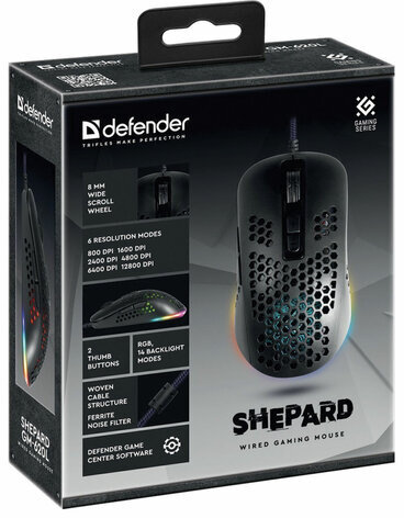 Мышь проводная игровая DEFENDER Shepard GM-620L, USB, 6 кнопок + 1 колесо-кнопка, оптическая, чёрная, 52620