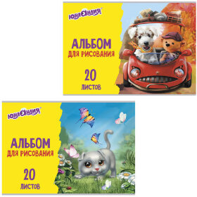 Альбом для рисования, А4, 20 листов, скоба, глянцевый лак, с раскраской, ЮНЛАНДИЯ, 202х285 мм, "Пушистики" (2 вида), 105051