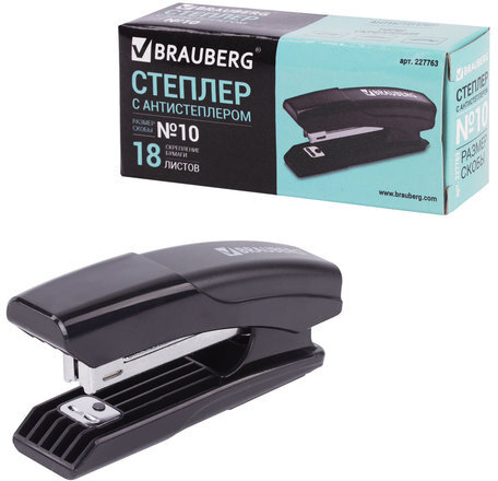 Степлер №10 BRAUBERG "Black Jack", до 18 листов, антистеплер, черный, 227763