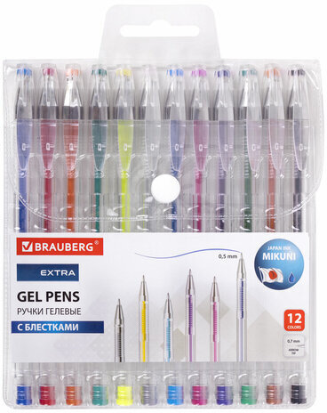 Ручки гелевые БЛЕСТКИ BRAUBERG "EXTRA", НАБОР 12 ЦВЕТОВ, узел 0,7 мм, линия 0,5 мм, 143909