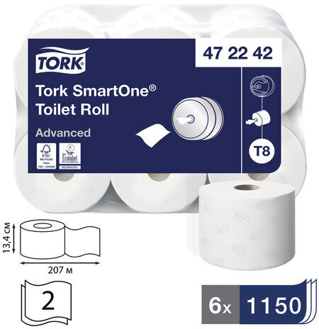 Бумага туалетная 207 м, TORK (Система T8) SmartOne, комплект 6 шт., Advanced, 2-слойная, белая, 472242