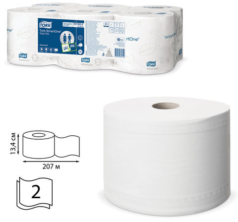Бумага туалетная 207 м, TORK (Система T8) SmartOne, комплект 6 шт., Advanced, 2-слойная, белая, 472242