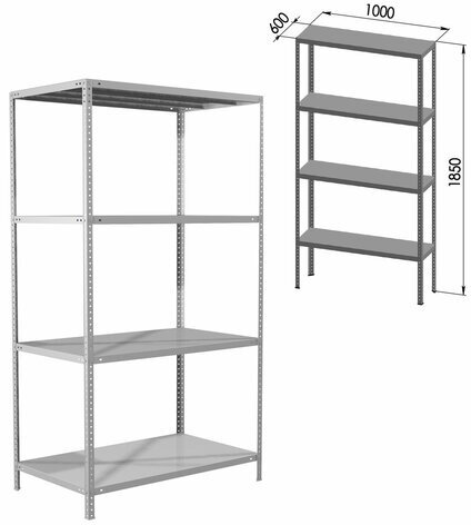 Стеллаж металлический BRABIX "MS Plus-185/60-4", 1850х1000х600 мм, 4 полки, регулируемые опоры, 291107, S241BR156402