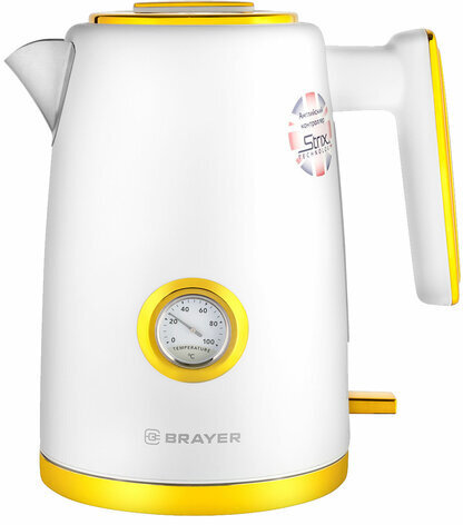 Чайник с термометром BRAYER BR1018, 1,7 л, 2200 Вт, закрытый нагревательный элемент, сталь, белый