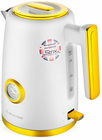 Чайник с термометром BRAYER BR1018, 1,7 л, 2200 Вт, закрытый нагревательный элемент, сталь, белый
