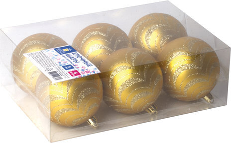 Шары ёлочные 6 шт., 8 см, "Basic Art", пластик, золотистые матовые с узором, ЗОЛОТАЯ СКАЗКА, 590890