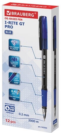 Ручка шариковая масляная с грипом BRAUBERG "i-Rite GT PRO", СИНЯЯ, корпус тонирированный черный, узел 0,4 мм, 143303