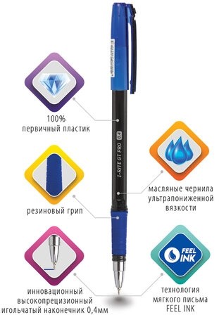 Ручка шариковая масляная с грипом BRAUBERG "i-Rite GT PRO", СИНЯЯ, корпус тонирированный черный, узел 0,4 мм, 143303