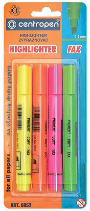 Текстовыделители CENTROPEN НАБОР 4 ЦВЕТА, с клипом, линия 1-4,6 мм, 4 8852 0403