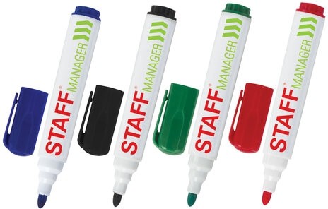 Маркеры стираемые для белой доски НАБОР 4 ЦВЕТА, STAFF "Manager" WBM-491, 5 мм, с клипом, 151495