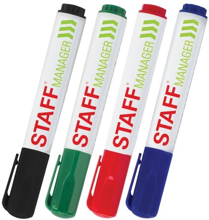 Маркеры стираемые для белой доски НАБОР 4 ЦВЕТА, STAFF "Manager" WBM-491, 5 мм, с клипом, 151495