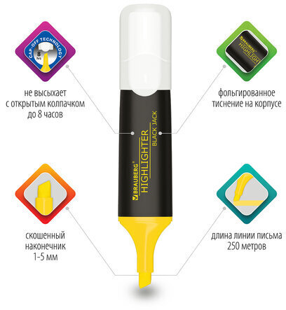 Текстовыделитель BRAUBERG "BLACK JACK", ЖЕЛТЫЙ, линия 1-5 мм, 151894