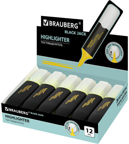 Текстовыделитель BRAUBERG "BLACK JACK", ЖЕЛТЫЙ, линия 1-5 мм, 151894