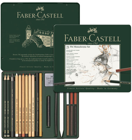 Набор художественный FABER-CASTELL "Pitt Monochrome", 21 предмет, металлическая коробка, 112976