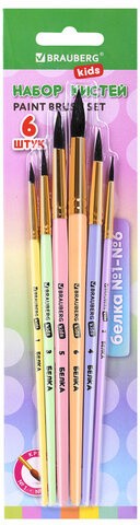 Кисти БЕЛКА набор 6 шт. (круглые № 1, 2, 3, 4, 5, 6), блистер, BRAUBERG KIDS, 201083