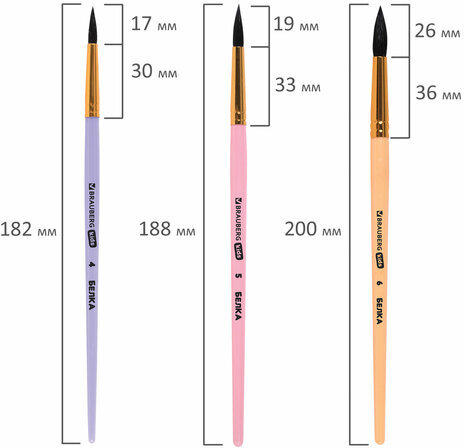 Кисти БЕЛКА набор 6 шт. (круглые № 1, 2, 3, 4, 5, 6), блистер, BRAUBERG KIDS, 201083