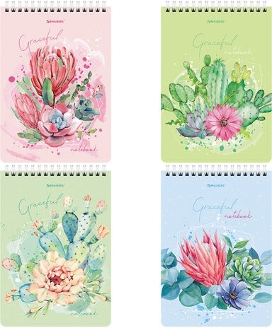 Блокнот А5 (146х206 мм), 60 л., гребень, картон, жесткая подложка, клетка, BRAUBERG, "Суккуленты", 114368