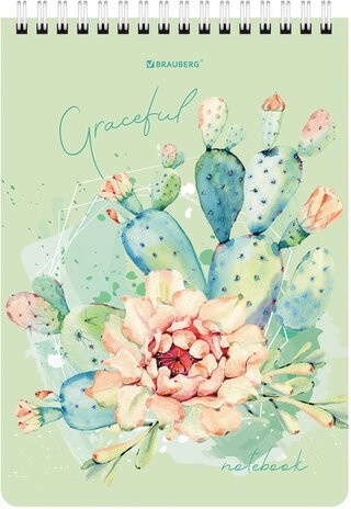 Блокнот А5 (146х206 мм), 60 л., гребень, картон, жесткая подложка, клетка, BRAUBERG, "Суккуленты", 114368