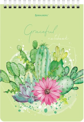 Блокнот А5 (146х206 мм), 60 л., гребень, картон, жесткая подложка, клетка, BRAUBERG, "Суккуленты", 114368