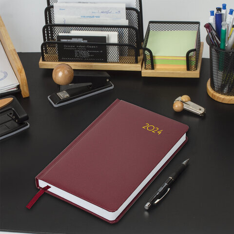 Ежедневник датированный 2024 А5 138x213 мм BRAUBERG "Select", балакрон, бордовый, 114879